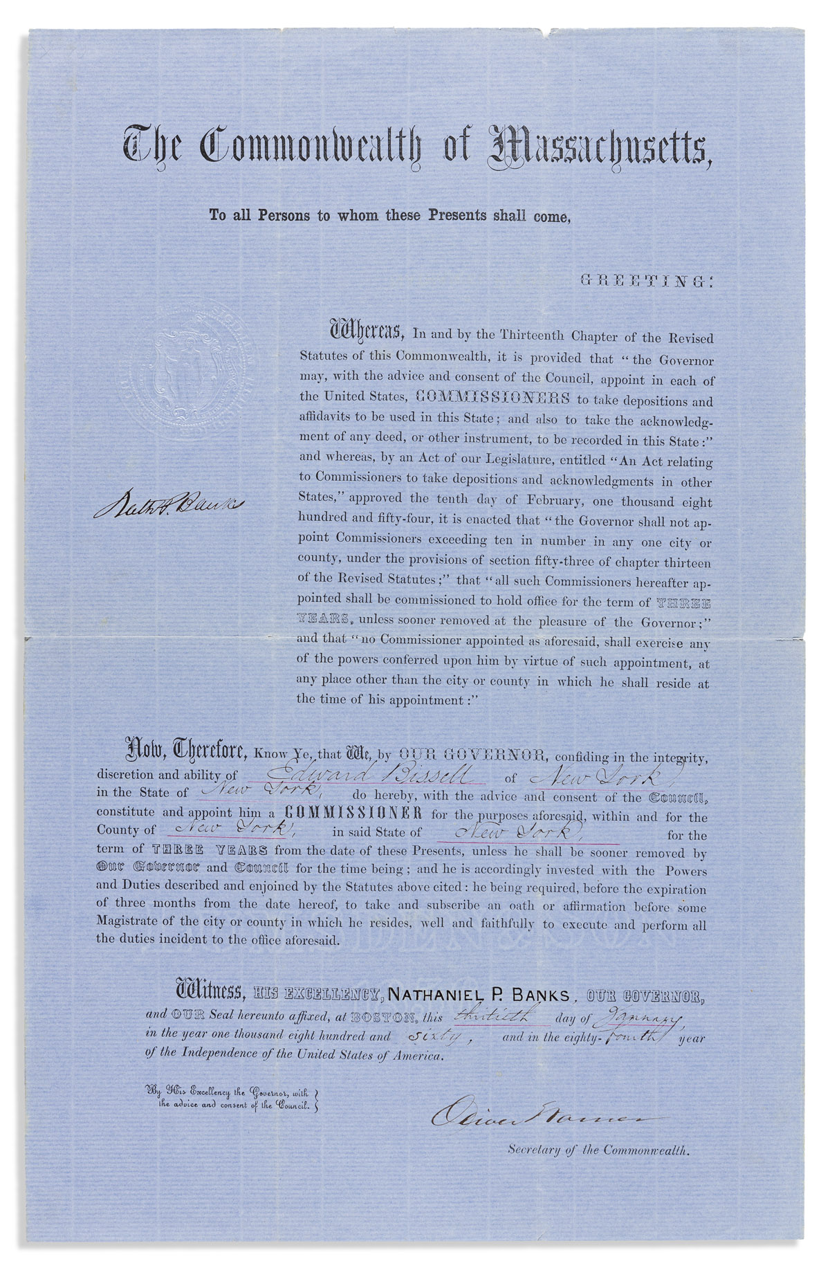 BANKS, NATHANIEL P. Partly-printed Document Signed, NathP. Banks, as Governor,